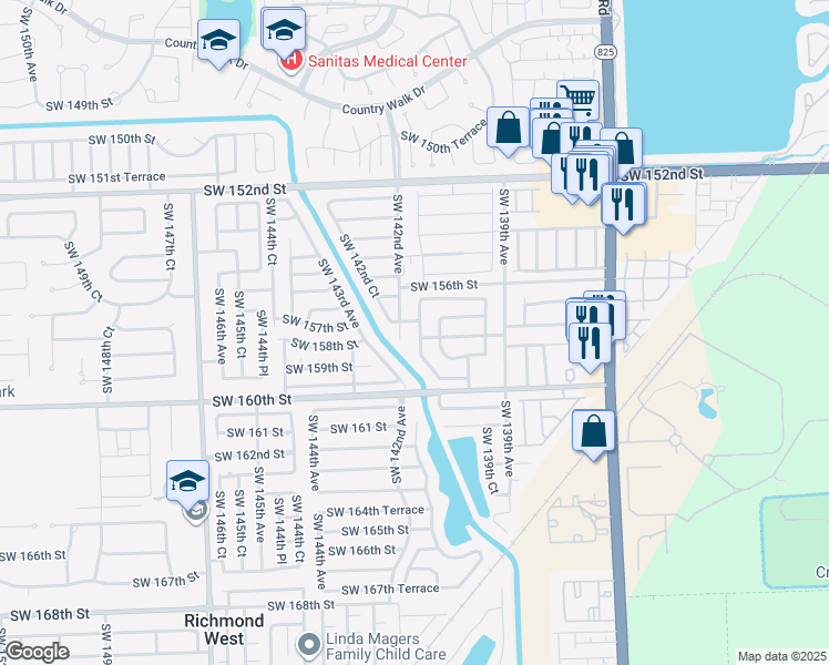 map of restaurants, bars, coffee shops, grocery stores, and more near 15677 Southwest 142nd Avenue in Miami