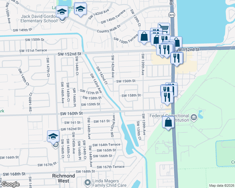map of restaurants, bars, coffee shops, grocery stores, and more near 15677 Southwest 142nd Avenue in Miami
