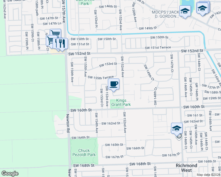 map of restaurants, bars, coffee shops, grocery stores, and more near 15620 Southwest 152nd Place in Miami