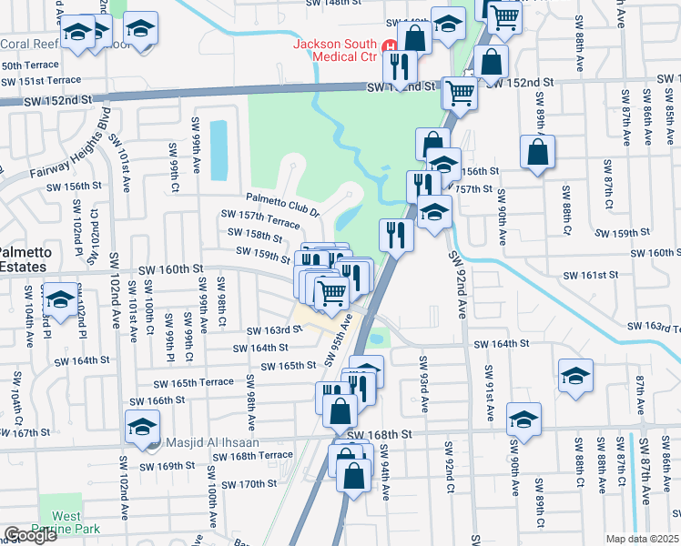 map of restaurants, bars, coffee shops, grocery stores, and more near 15831 Palmetto Club Drive in Miami