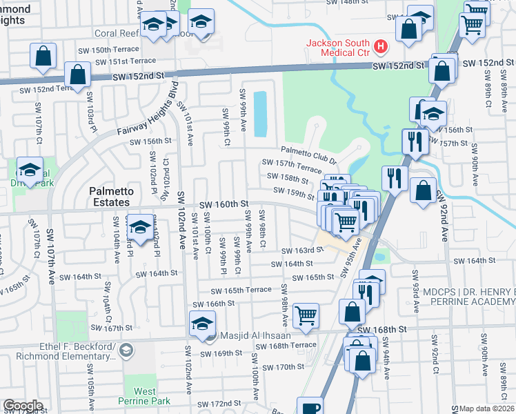 map of restaurants, bars, coffee shops, grocery stores, and more near 9851 Colonial Drive in Miami