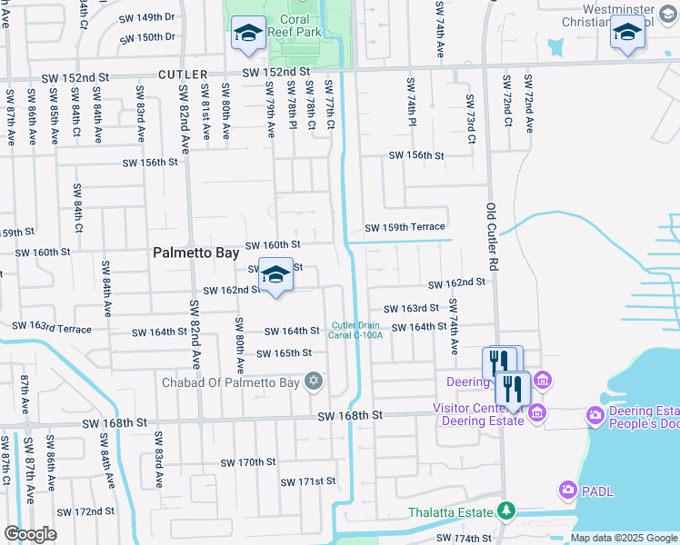 map of restaurants, bars, coffee shops, grocery stores, and more near 16041 Southwest 77th Court in Palmetto Bay