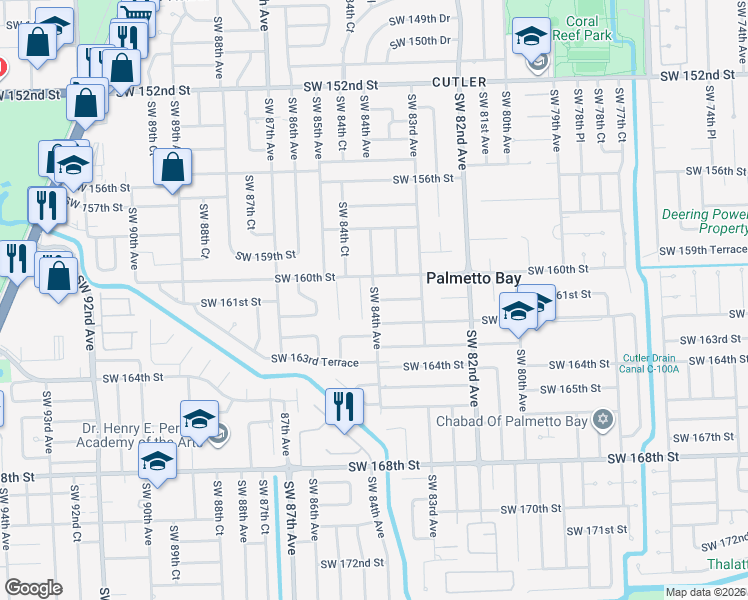 map of restaurants, bars, coffee shops, grocery stores, and more near 16001 Southwest 84th Court in Palmetto Bay