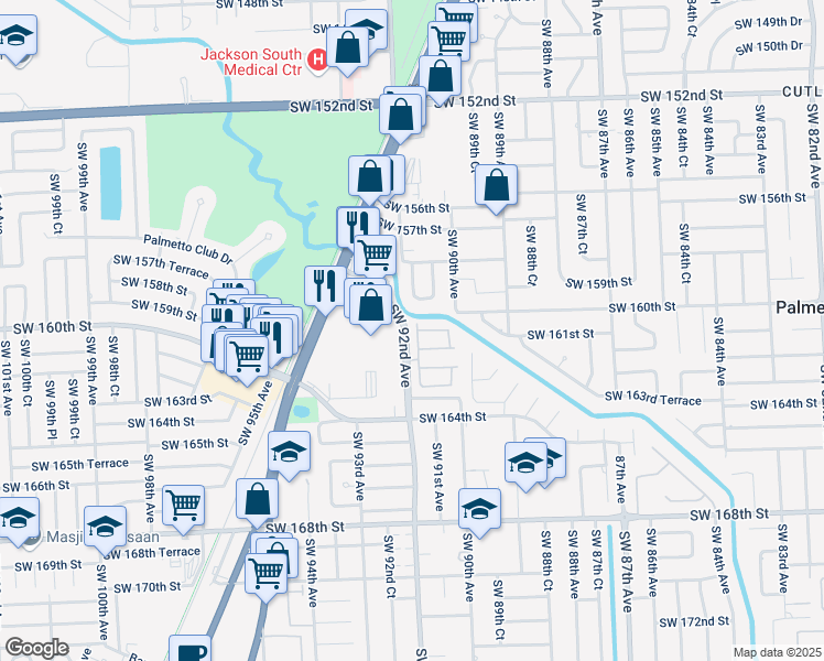map of restaurants, bars, coffee shops, grocery stores, and more near 16000 Southwest 91st Court in Palmetto Bay