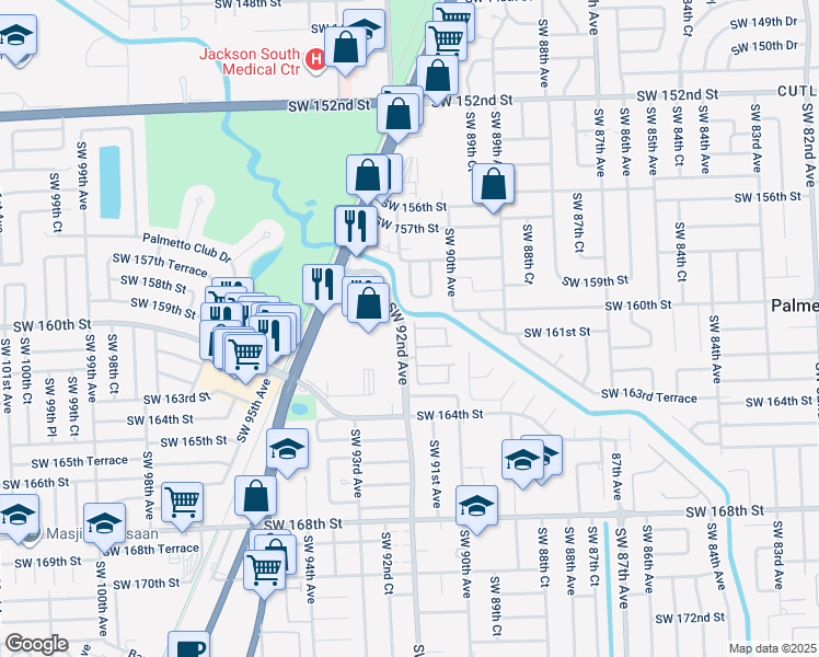 map of restaurants, bars, coffee shops, grocery stores, and more near 16000 Southwest 91st Court in Palmetto Bay