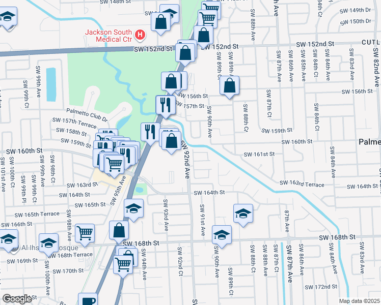 map of restaurants, bars, coffee shops, grocery stores, and more near 16000 Southwest 91st Court in Palmetto Bay