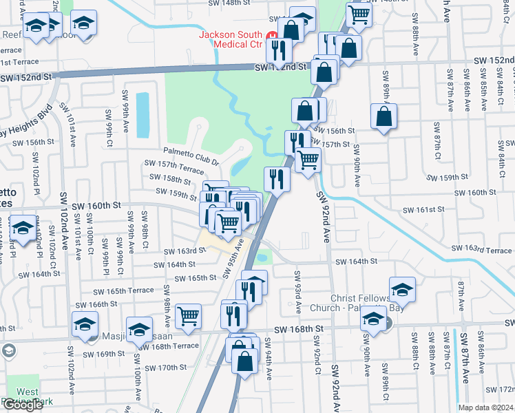 map of restaurants, bars, coffee shops, grocery stores, and more near 15888 Southwest 95th Avenue in Miami