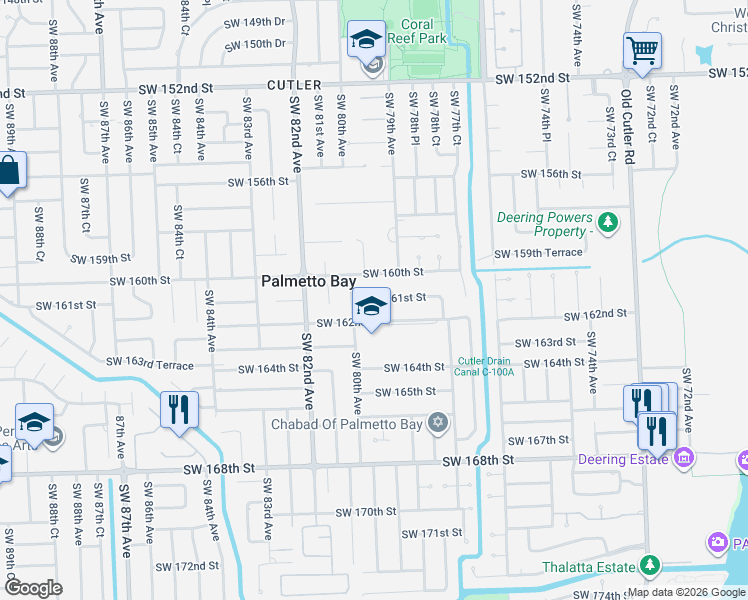 map of restaurants, bars, coffee shops, grocery stores, and more near 7940 Southwest 160th Street in Palmetto Bay