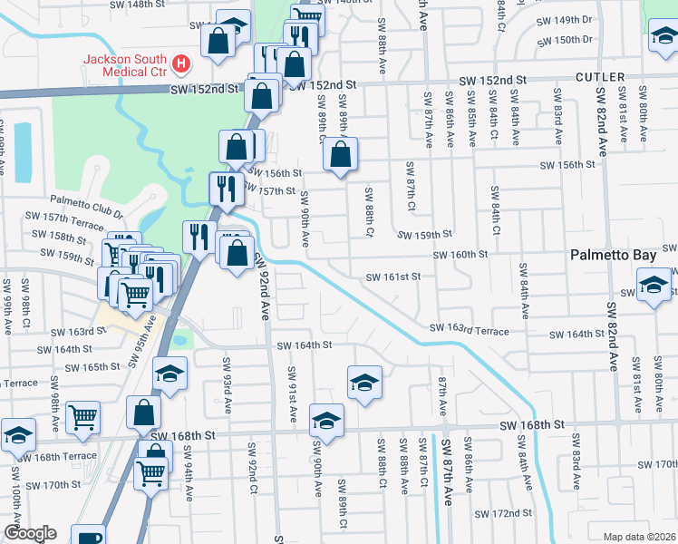 map of restaurants, bars, coffee shops, grocery stores, and more near Southwest 89th Avenue Road in Palmetto Bay
