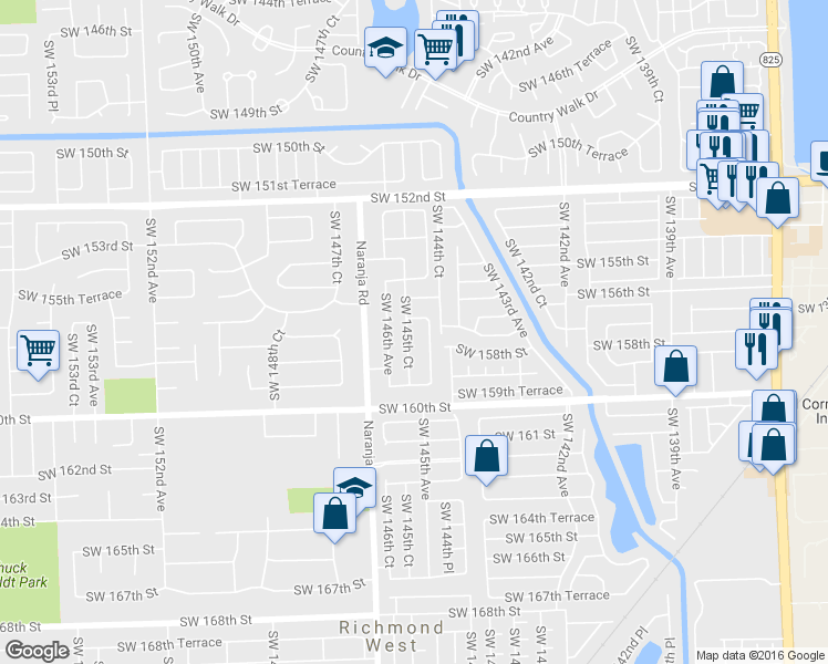 map of restaurants, bars, coffee shops, grocery stores, and more near 15643 Southwest 145th Court in Miami
