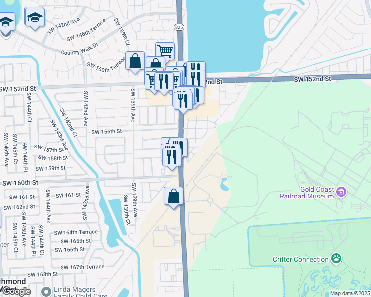 map of restaurants, bars, coffee shops, grocery stores, and more near 15701 Southwest 137th Avenue in Miami