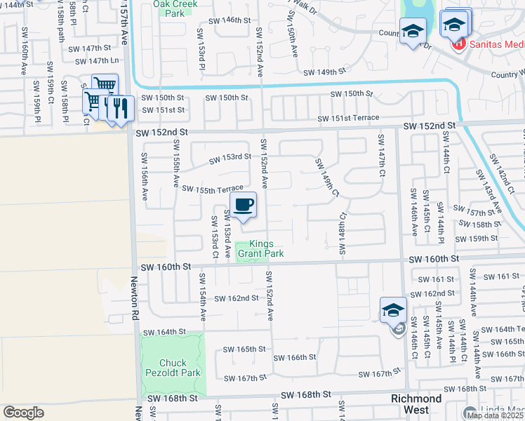 map of restaurants, bars, coffee shops, grocery stores, and more near 15670 Southwest 152nd Avenue in Miami