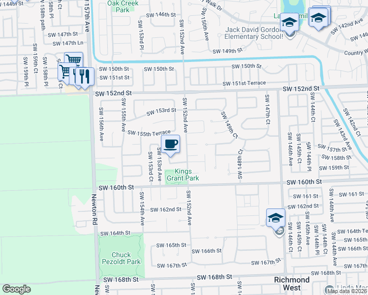 map of restaurants, bars, coffee shops, grocery stores, and more near 15670 Southwest 152nd Avenue in Miami