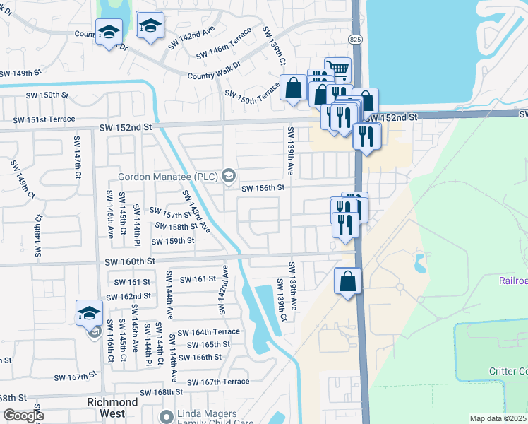 map of restaurants, bars, coffee shops, grocery stores, and more near 13954 Southwest 157th Street in Miami