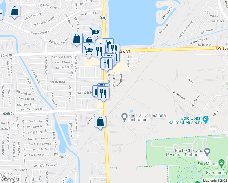 map of restaurants, bars, coffee shops, grocery stores, and more near 15721 Southwest 137th Avenue in Miami