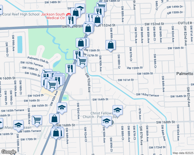 map of restaurants, bars, coffee shops, grocery stores, and more near 9045 Southwest 160th Terrace in Palmetto Bay