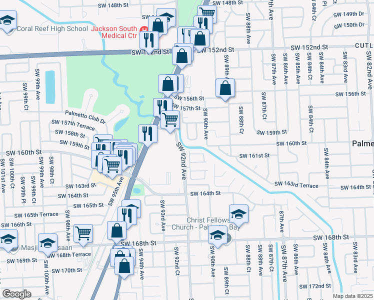 map of restaurants, bars, coffee shops, grocery stores, and more near 16000 Southwest 91st Court in Palmetto Bay