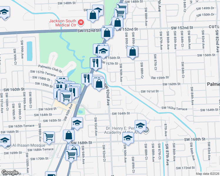 map of restaurants, bars, coffee shops, grocery stores, and more near 16000 Southwest 91st Court in Palmetto Bay
