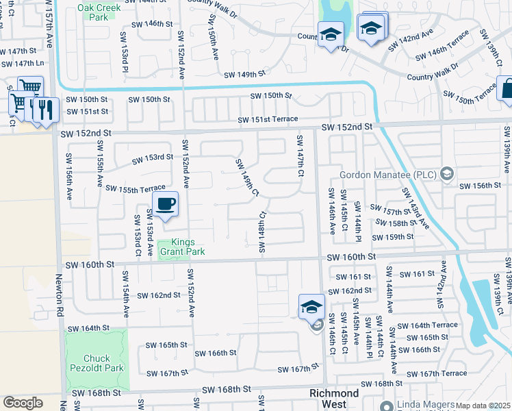 map of restaurants, bars, coffee shops, grocery stores, and more near 14910 Southwest 156th Terrace in Miami