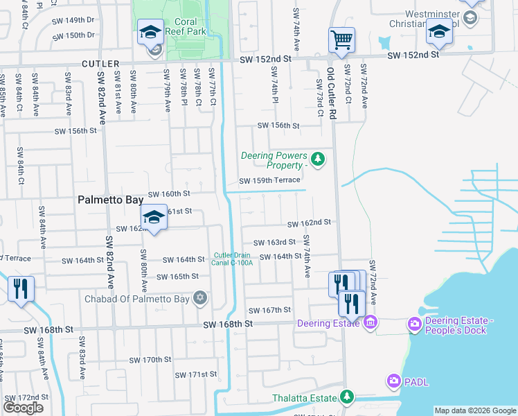 map of restaurants, bars, coffee shops, grocery stores, and more near 7600 Southwest 160th Terrace in Palmetto Bay