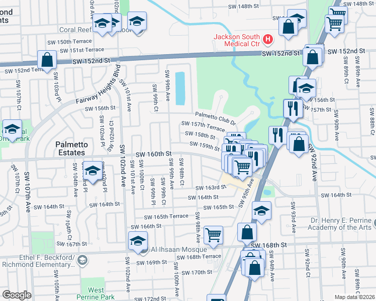 map of restaurants, bars, coffee shops, grocery stores, and more near 9811 Colonial Drive in Miami