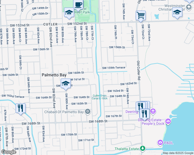 map of restaurants, bars, coffee shops, grocery stores, and more near 16041 Southwest 77th Court in Palmetto Bay