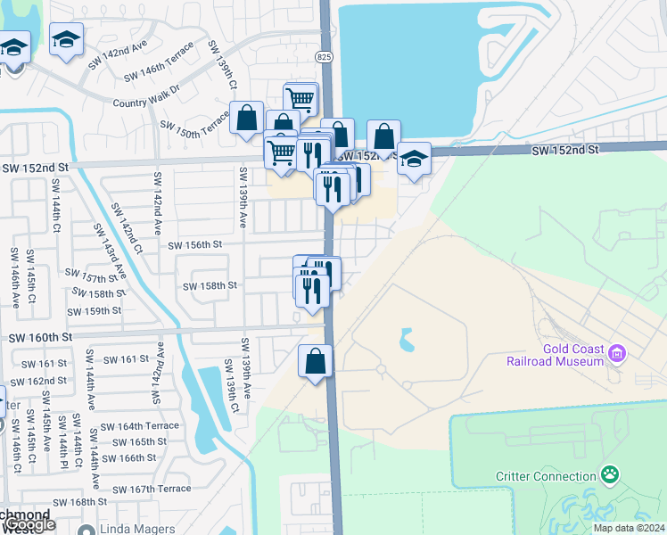 map of restaurants, bars, coffee shops, grocery stores, and more near 15741 Southwest 137th Court in Miami