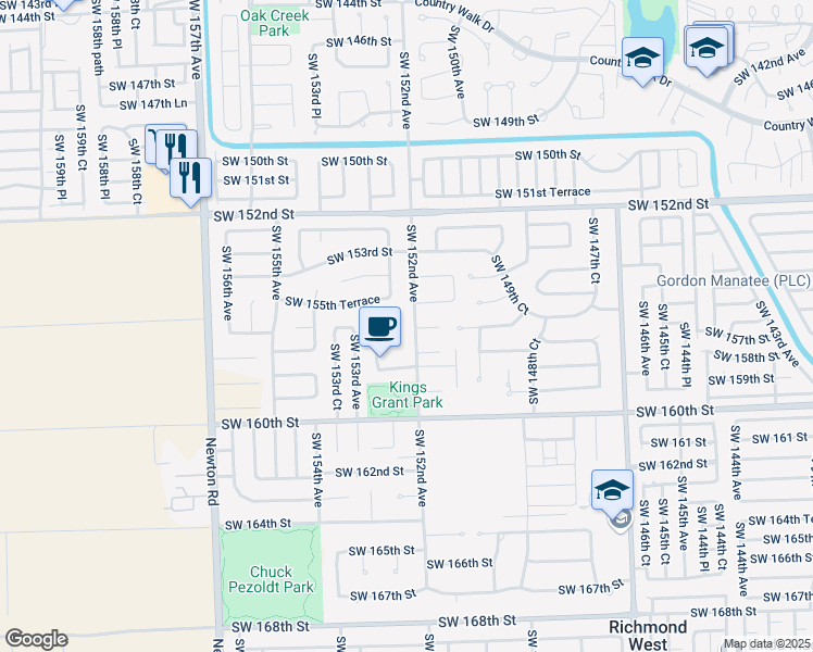 map of restaurants, bars, coffee shops, grocery stores, and more near 15670 Southwest 152nd Avenue in Miami