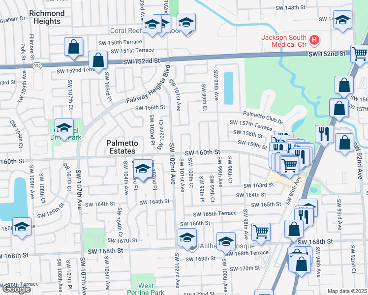 map of restaurants, bars, coffee shops, grocery stores, and more near 15915 Southwest 101st Avenue in Miami