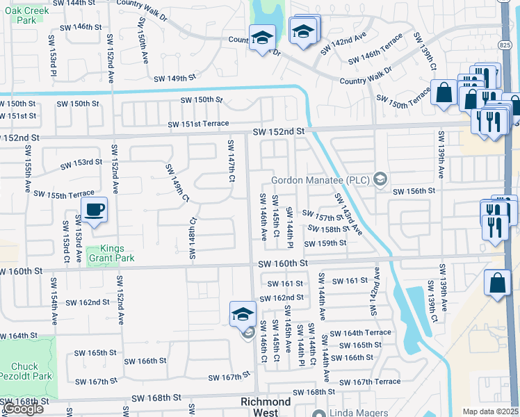 map of restaurants, bars, coffee shops, grocery stores, and more near 15630 Southwest 146th Avenue in Miami