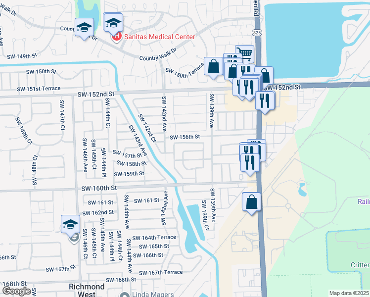 map of restaurants, bars, coffee shops, grocery stores, and more near 13985 Southwest 157th Street in Miami