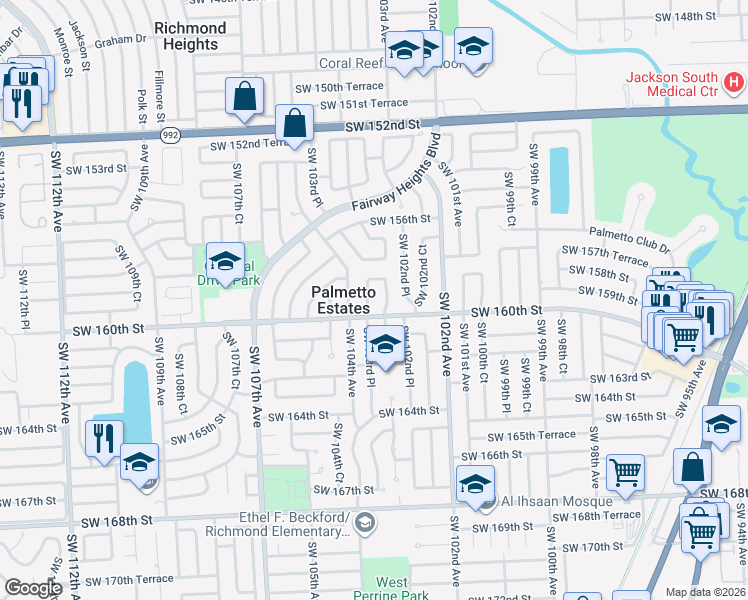 map of restaurants, bars, coffee shops, grocery stores, and more near 15900 Southwest 103rd Place in Miami