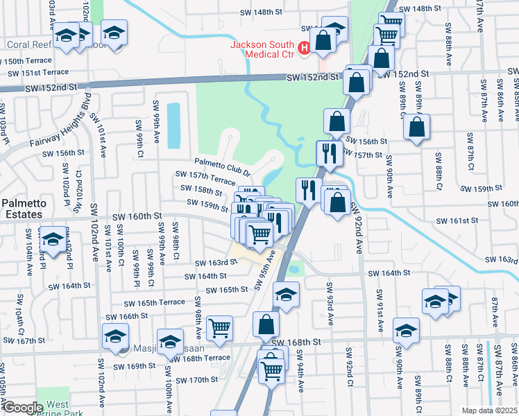 map of restaurants, bars, coffee shops, grocery stores, and more near 15831 Palmetto Club Drive in Miami