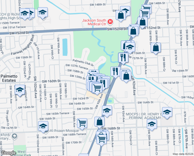 map of restaurants, bars, coffee shops, grocery stores, and more near 15831 Palmetto Club Drive in Miami