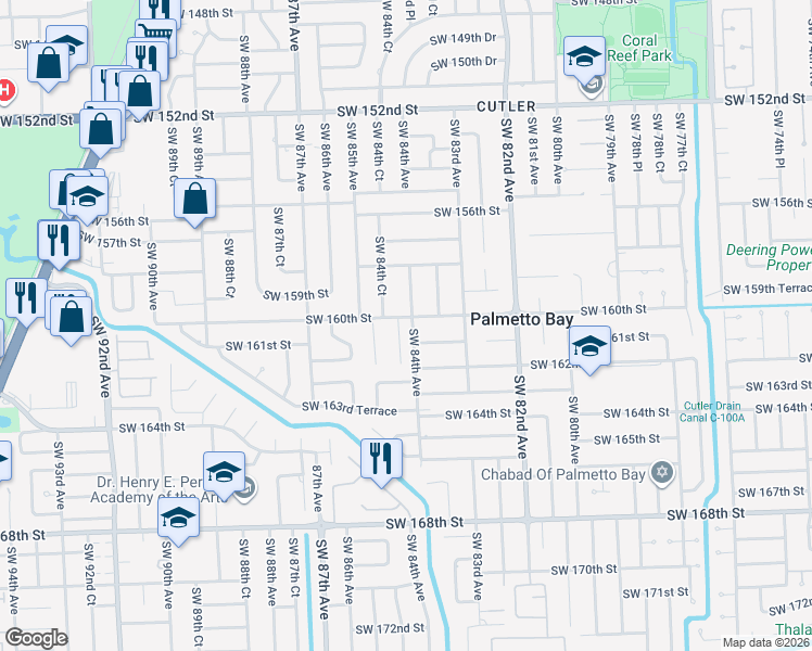map of restaurants, bars, coffee shops, grocery stores, and more near 16001 Southwest 84th Court in Palmetto Bay