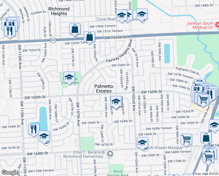 map of restaurants, bars, coffee shops, grocery stores, and more near 15900 Southwest 103rd Place in Miami