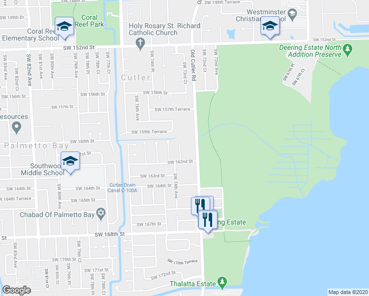 map of restaurants, bars, coffee shops, grocery stores, and more near 16153 Southwest 73rd Place in Palmetto Bay