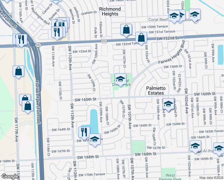 map of restaurants, bars, coffee shops, grocery stores, and more near 15871 SW 108th Ave in Miami