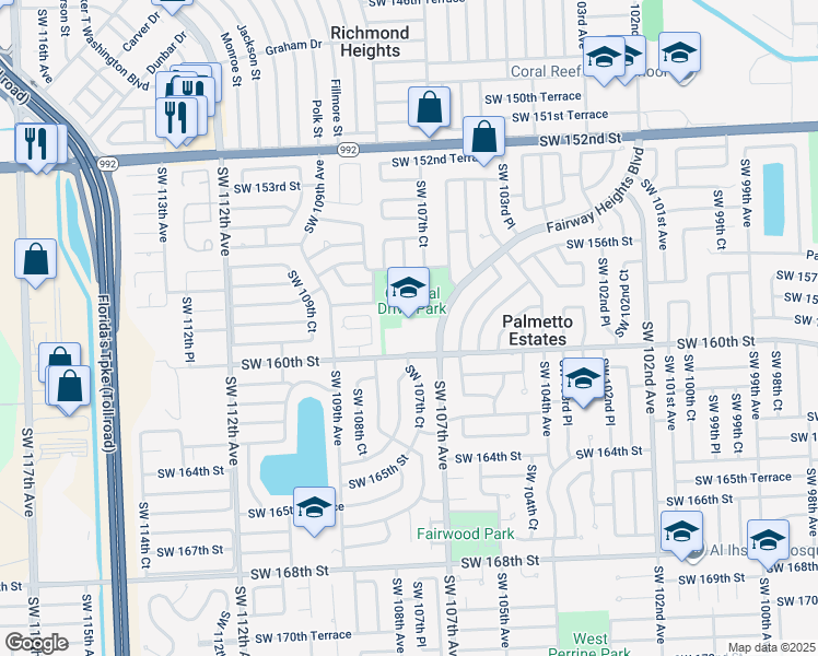 map of restaurants, bars, coffee shops, grocery stores, and more near 10755 Southwest 160th Street in Miami