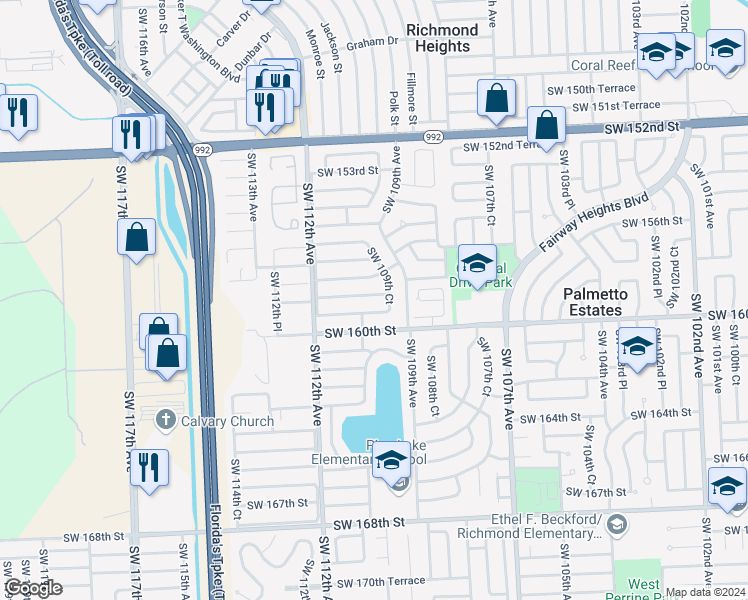 map of restaurants, bars, coffee shops, grocery stores, and more near 10944 Southwest 158th Terrace in Miami