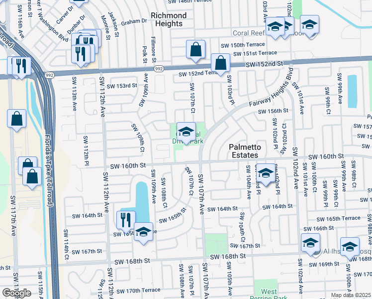 map of restaurants, bars, coffee shops, grocery stores, and more near 10755 Southwest 160th Street in Miami