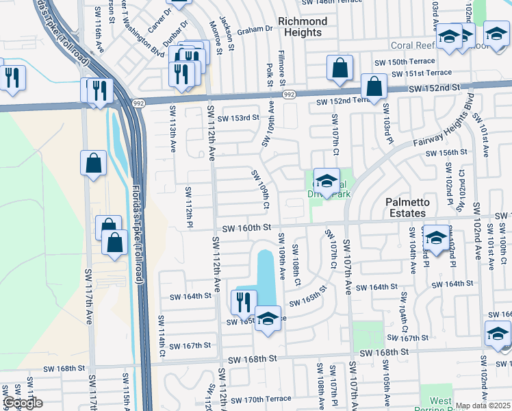 map of restaurants, bars, coffee shops, grocery stores, and more near 10944 Southwest 158th Terrace in Miami