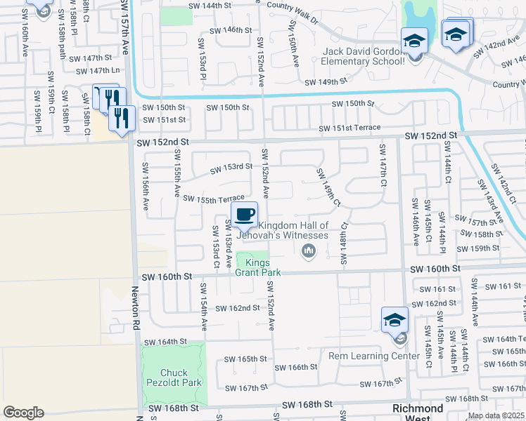 map of restaurants, bars, coffee shops, grocery stores, and more near 15670 Southwest 152nd Avenue in Miami