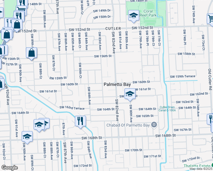 map of restaurants, bars, coffee shops, grocery stores, and more near 8260 Southwest 160th Street in Palmetto Bay