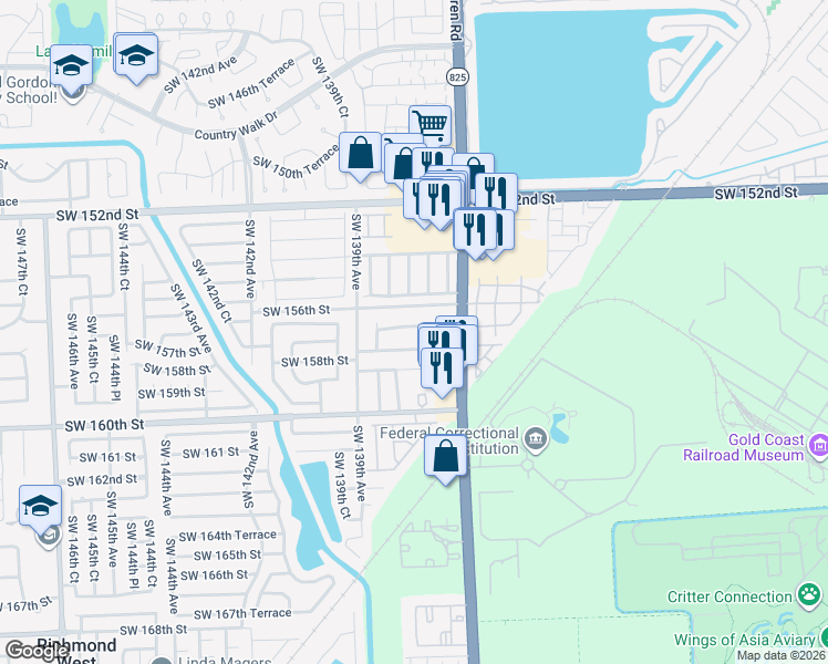 map of restaurants, bars, coffee shops, grocery stores, and more near 13786 Southwest 157th Street in Miami
