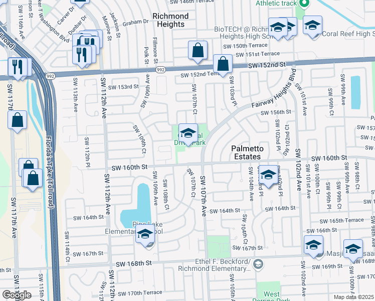map of restaurants, bars, coffee shops, grocery stores, and more near 10755 Southwest 160th Street in Miami
