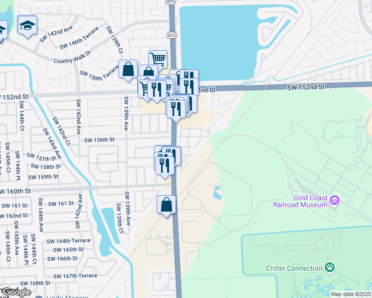 map of restaurants, bars, coffee shops, grocery stores, and more near 263 Southwest 135th Avenue in Miami