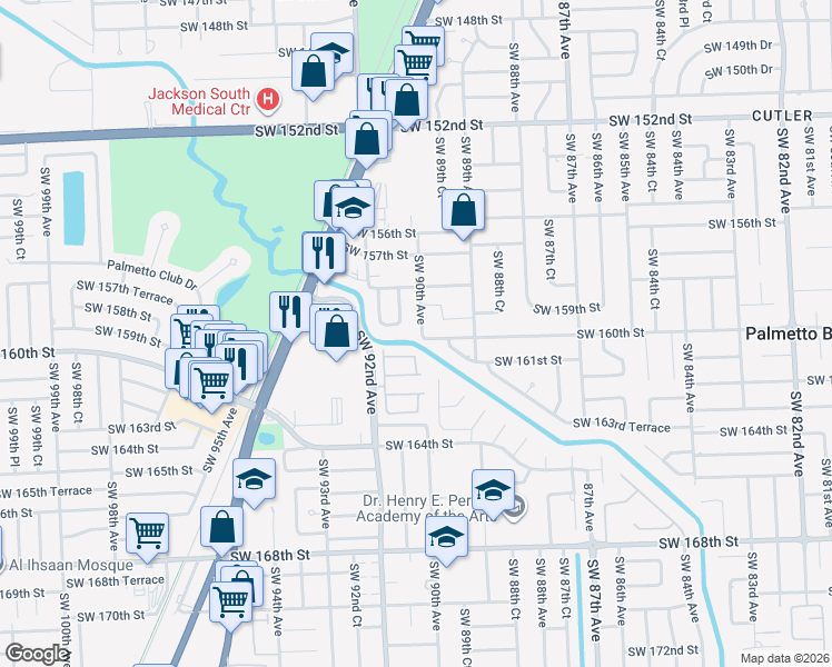 map of restaurants, bars, coffee shops, grocery stores, and more near 15930 Southwest 90th Avenue in Miami