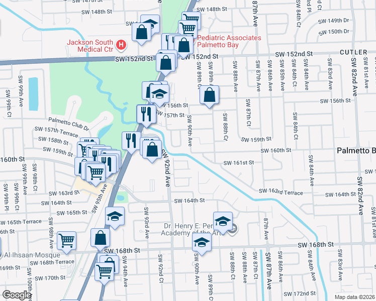 map of restaurants, bars, coffee shops, grocery stores, and more near 9045 Southwest 160th Terrace in Palmetto Bay
