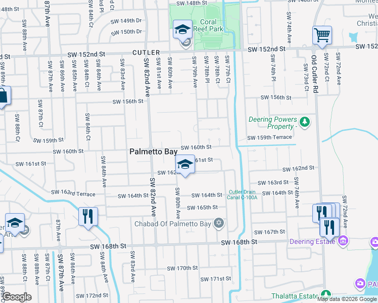 map of restaurants, bars, coffee shops, grocery stores, and more near 7940 Southwest 160th Street in Palmetto Bay
